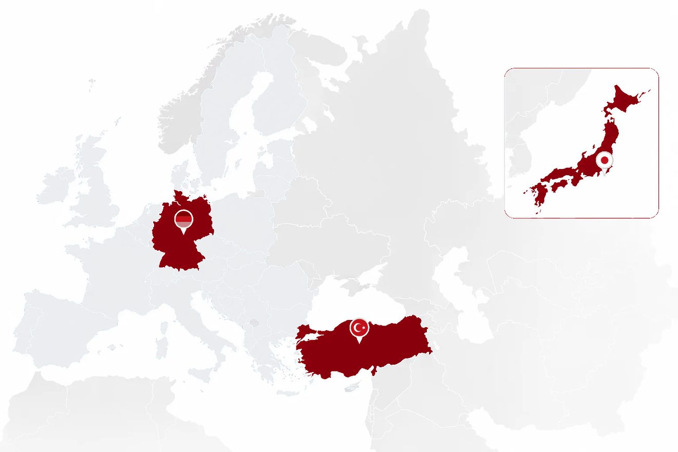Karte der Standorte in der Türkei, in Deutschland und in Japan