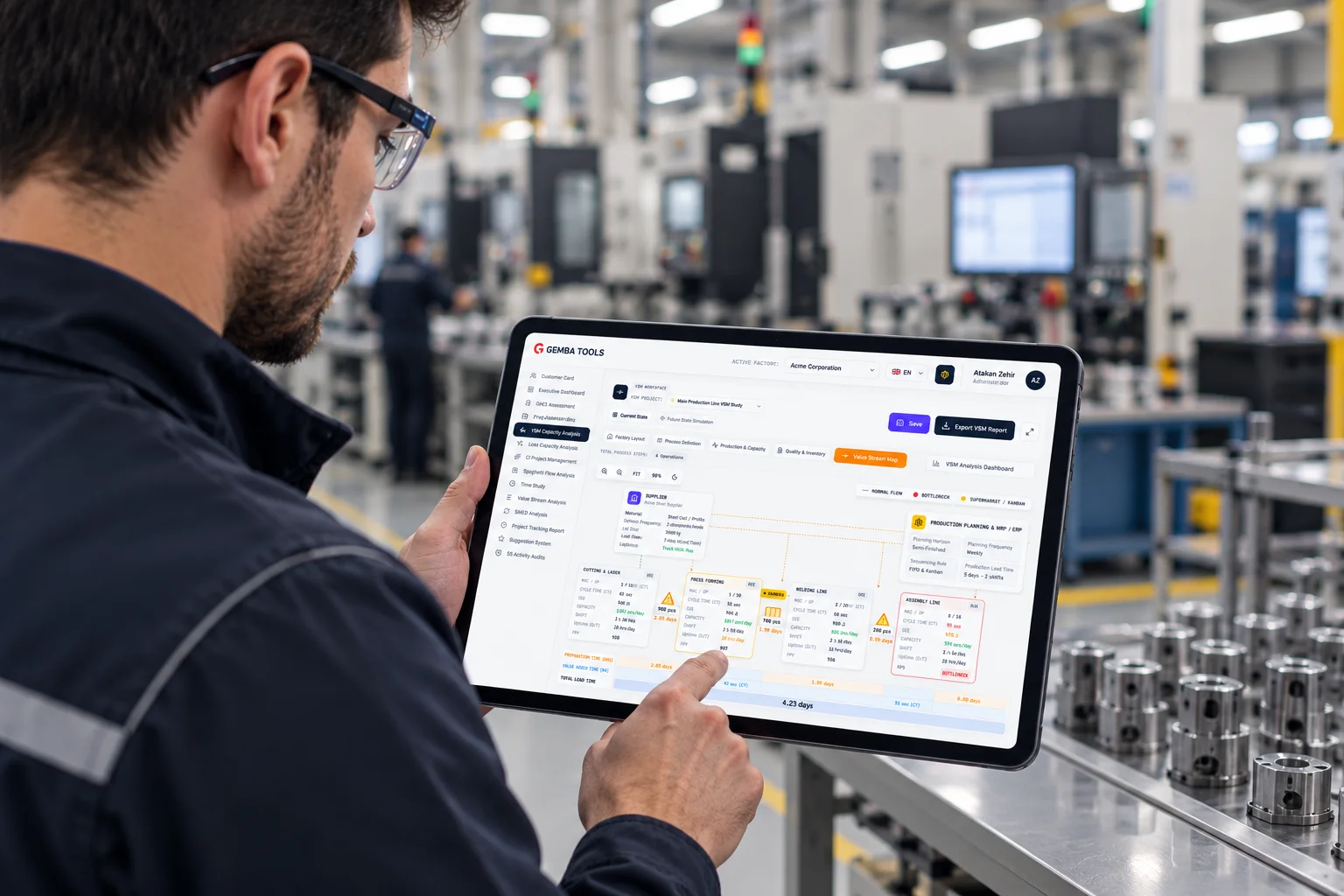 Engineer using Gemba Tools on a tablet on the shopfloor (illustrative image)