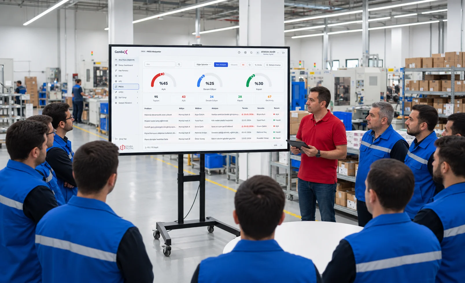 Shopfloor team holding a meeting at the board (placeholder image)