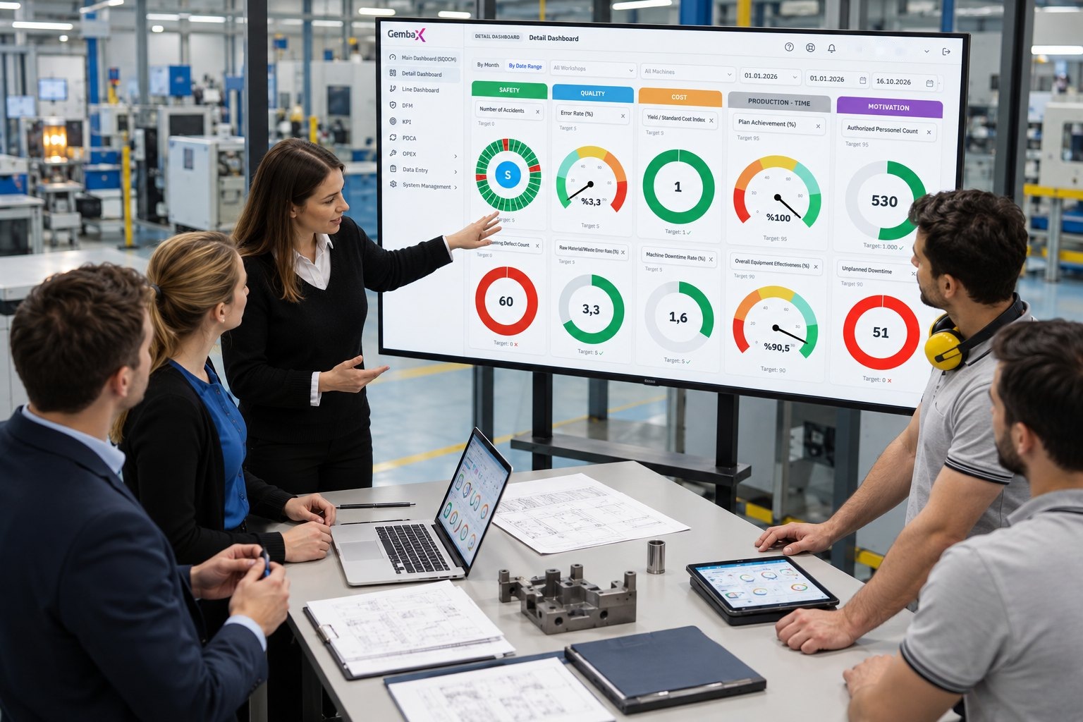 Team reviews the OpXSuite board in the factory (illustrative image)
